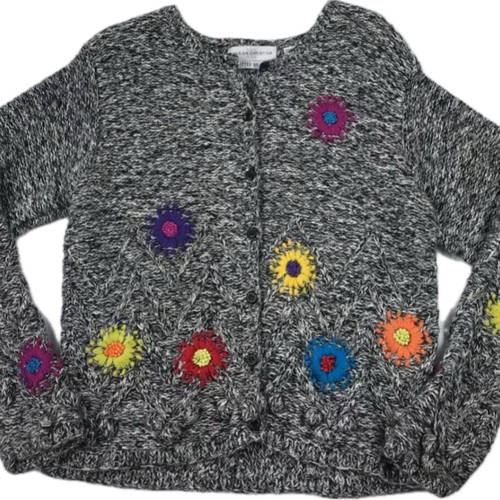 Vintage Marisa Christina Flower Sweater Womens LARGE Hand Knitted Button Up Gray